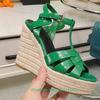 Fashion Cross Straps Open Toe Wedges Women Sandals Solid Color Open Toe Real Patent Leather Espadrilles Shoes Newest Summer 14cm Heels