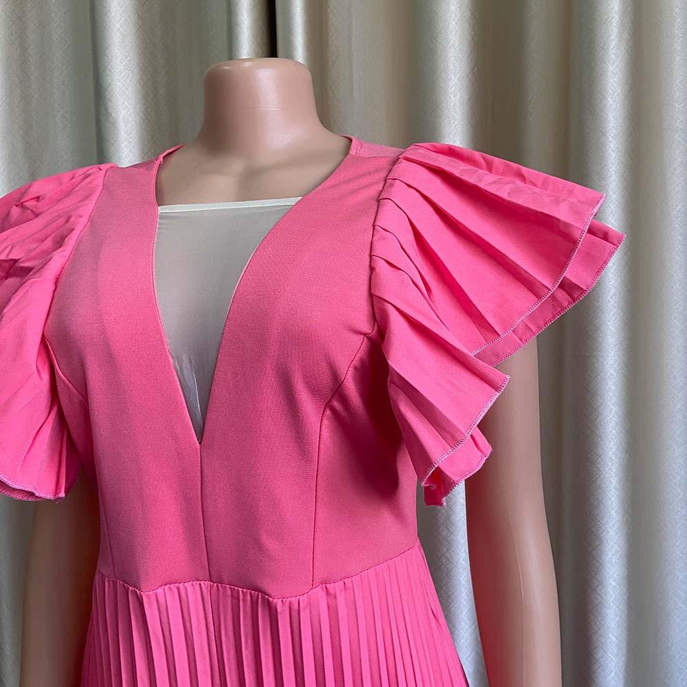 Summer Pleated Jumpsuits Rompers Women V Neck Ruffles High Waisted Loose Floor Length Luxury Female Party Romper
