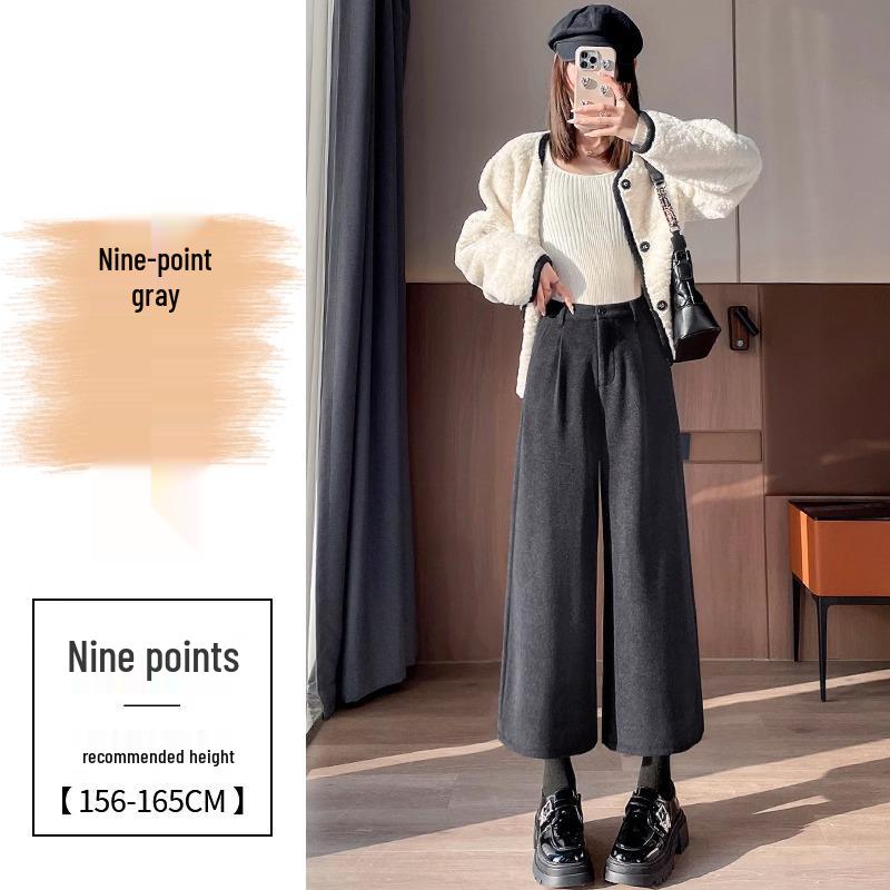 2024 Autumn/Winter Women's Black High-Waisted Woolen Wide-Leg Pants