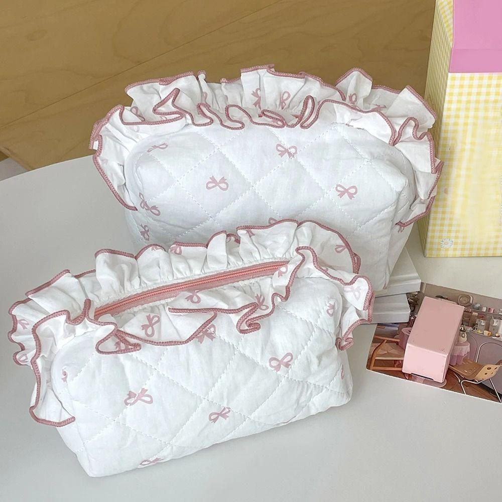 Bow Print Large Capacity Pen Case Flounce Makeup Lipstick Bag Portable Stationery Storage Bag  Kids