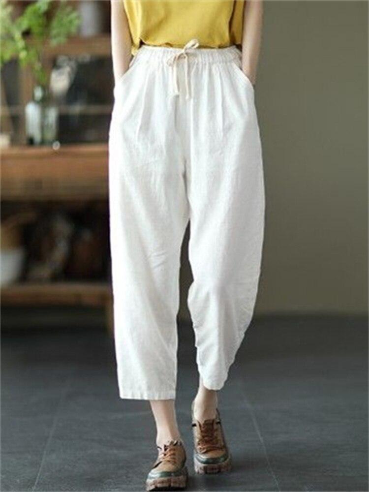 Harajuku Summer High Waist Elastic Women's Cotton Linen Wide Leg Capris Pants for Women Baggy Harem Pants Woman Trousers