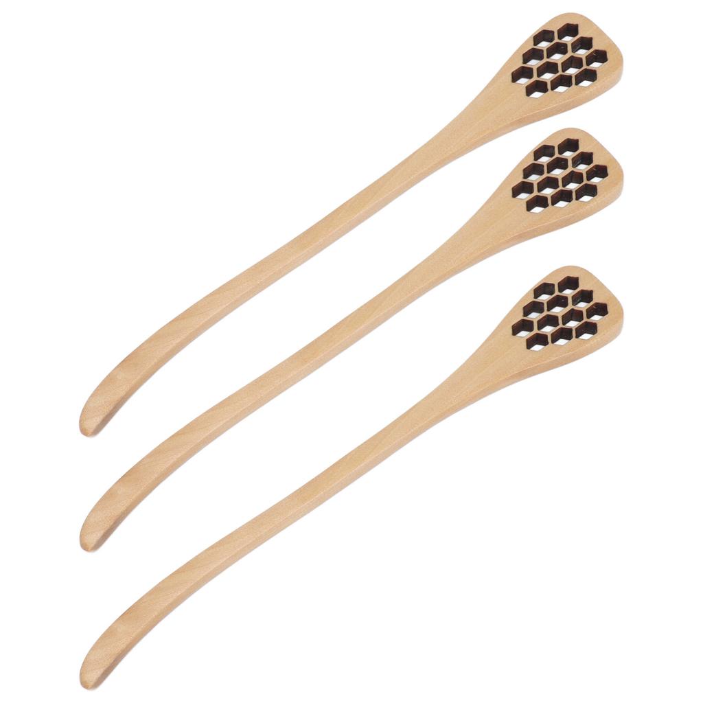 3Pcs Honey Dipper Reusable Wooden Carving Honey Spoon Mixing Stick for Home Kitchen RestaurantWood Color