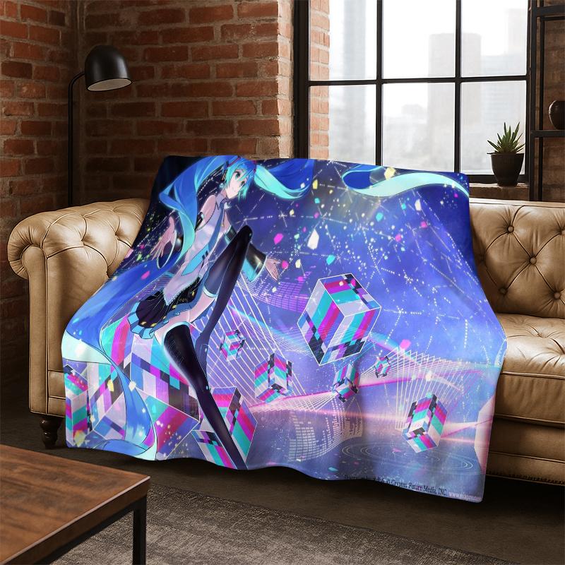 Cartoon M-MIKU Music Girl Flannel Blanket Soft Warm Blanket Throw Blanket for Bedroom Living Room Bed Travel Picnic Gift Kid