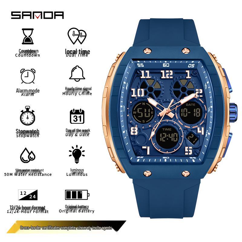 Sanda Dual-Movement Barrel Watch: Luminous Alarm, Large Dial, Multifunctional Student Watch.