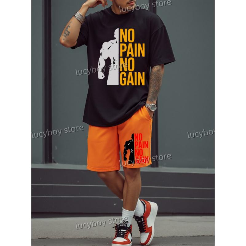 

Мужская спортивная футболка с принтом «NO PAIN NO GAIN» и шорты, комплект мужского спортивного костюма, летний комплект из 2 предметов, 10 цветов, свободный размер 2XL