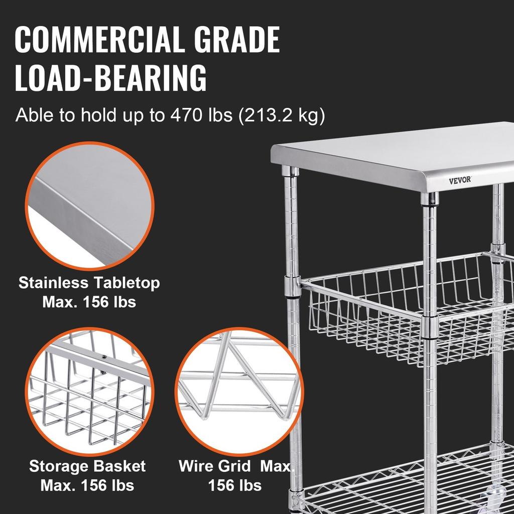 Kitchen Utility Cart, 3 Tiers, Wire Rolling Cart with 470LBS Capacity, Steel Service Cart On Wheels, Metal Storage Trolley with 76mm Basket Curved