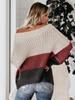 Women's Autumn Winter Knit Set Sweater Loose Patchwork Color One-Shoulder Crewneck Pullover