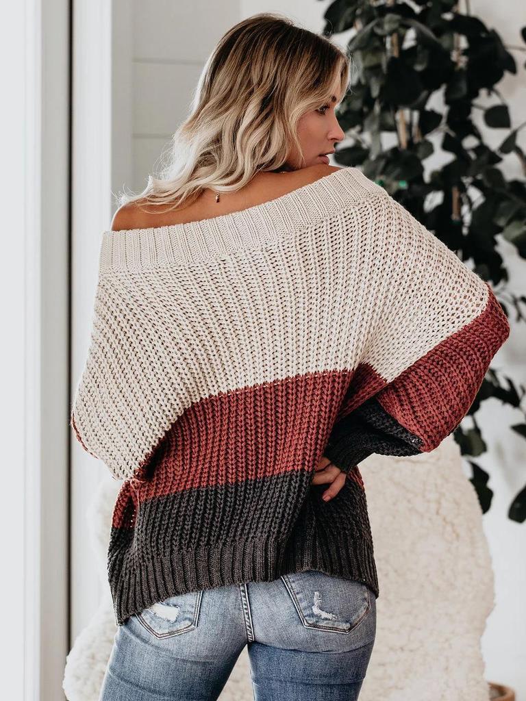 Women's Autumn Winter Knit Set Sweater Loose Patchwork Color One-Shoulder Crewneck Pullover
