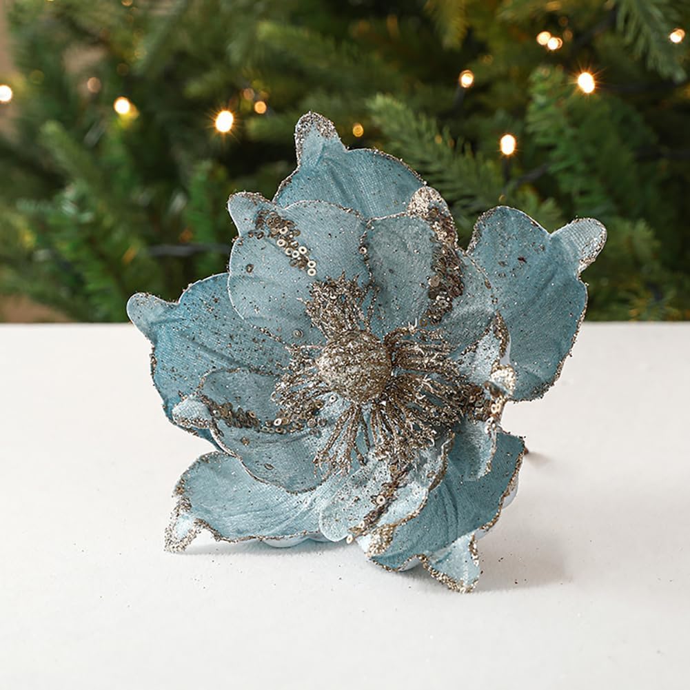 

1 Pcs Poinsettia Artificial Flowers Christmas Tree Ornaments Velvet Glitter Magnolia Flowers for Xmas New Year Party Wedding Holiday DIY Decorations, 6 синий