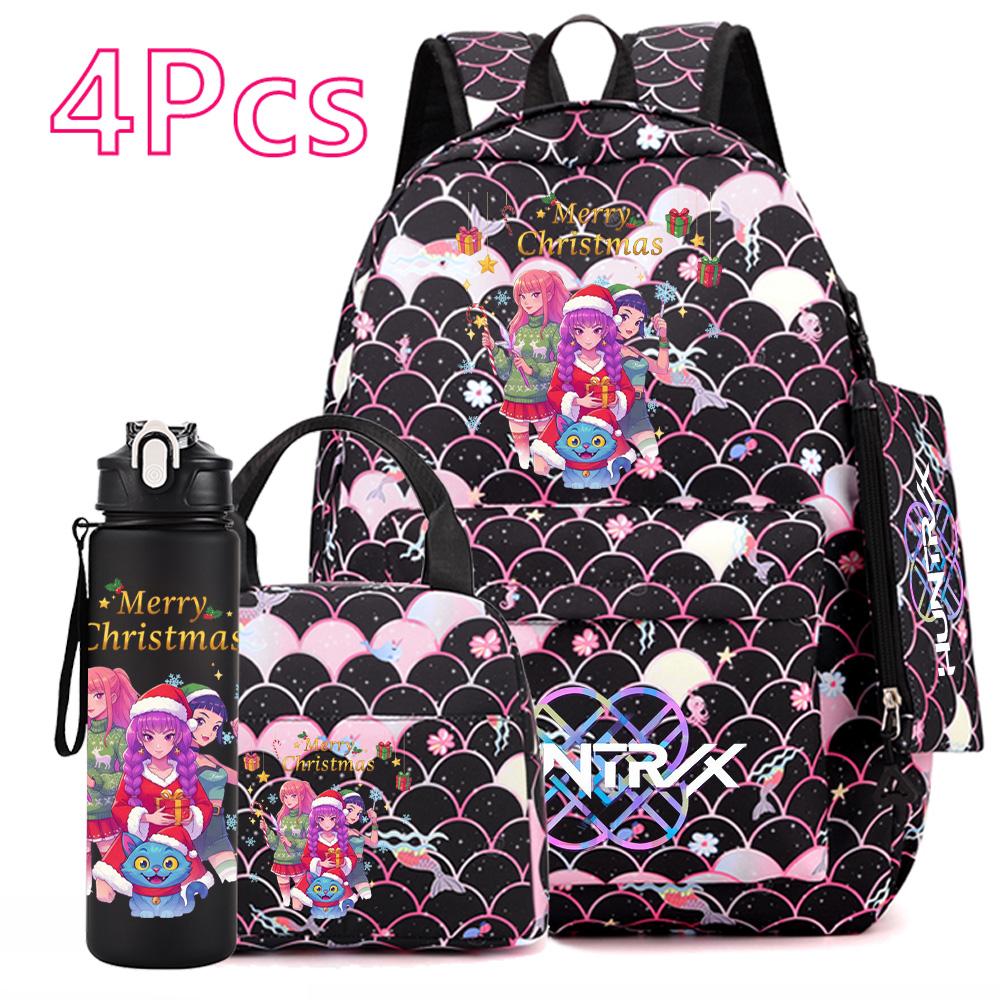 4Pcs/set Christmas Kpop Printed Backpack with Handbag Pencil Case 750Ml Water Bottler for Teenager Boy Girl Large Capacity Bookbag Schoolbag Kid Gift