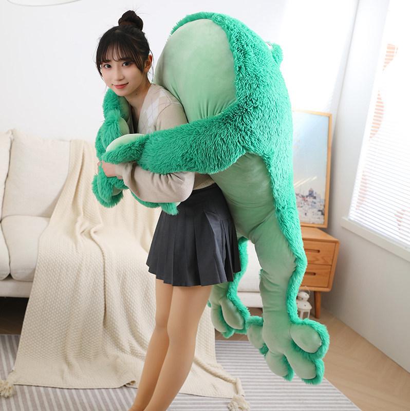 Non-Toxic Green Frog Stuffed Plush Toys Lying Down Frog Plushies Animal Doll Pine Needle Velvet Lumbar Support Cushion Pillow Living Room