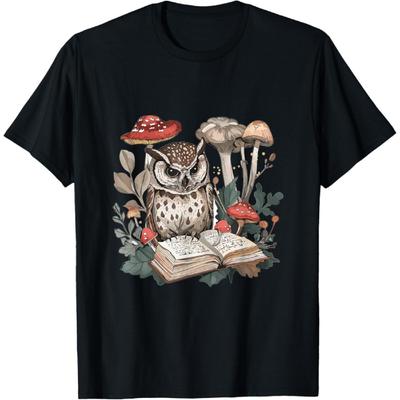 Owl with Books Reading Cottagecore Aesthetics T-Shirt