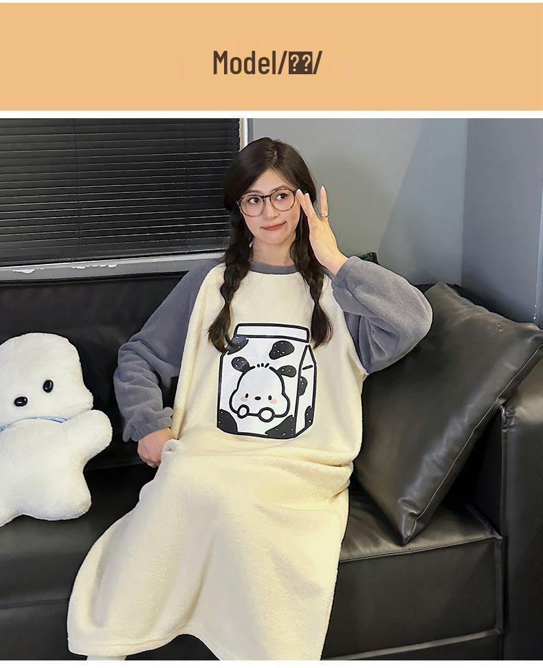 Women's Cartoon Flannel Nightgown – Cute, Cozy, Long Sleeve, Mid-Length Dress for Fall/Winter, Suitable for Home or Outdoors