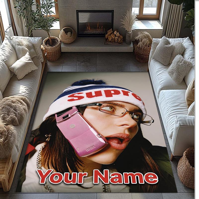 Billie Eilish Crystal Velvet Rug, Custom Name Text Personalized Non‑Slip Floor Mat for Home Decor Gift