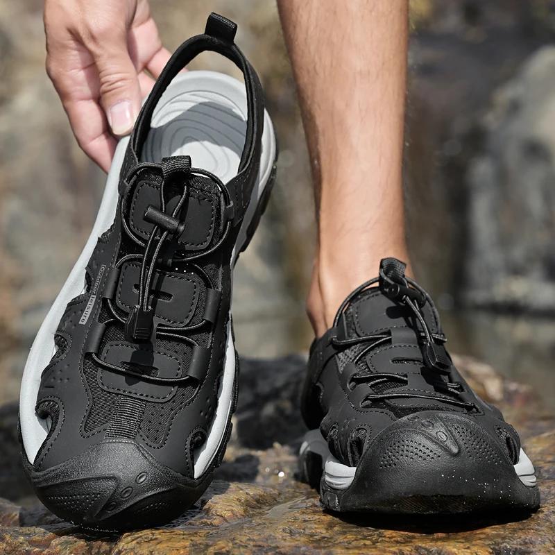 Fashion Leather Men's Summer Shoes Comfy Breathable Mens Sandals Non-Slip Male Anti-collision Toe Beach Flats Outdoor Shoes Hollow Out