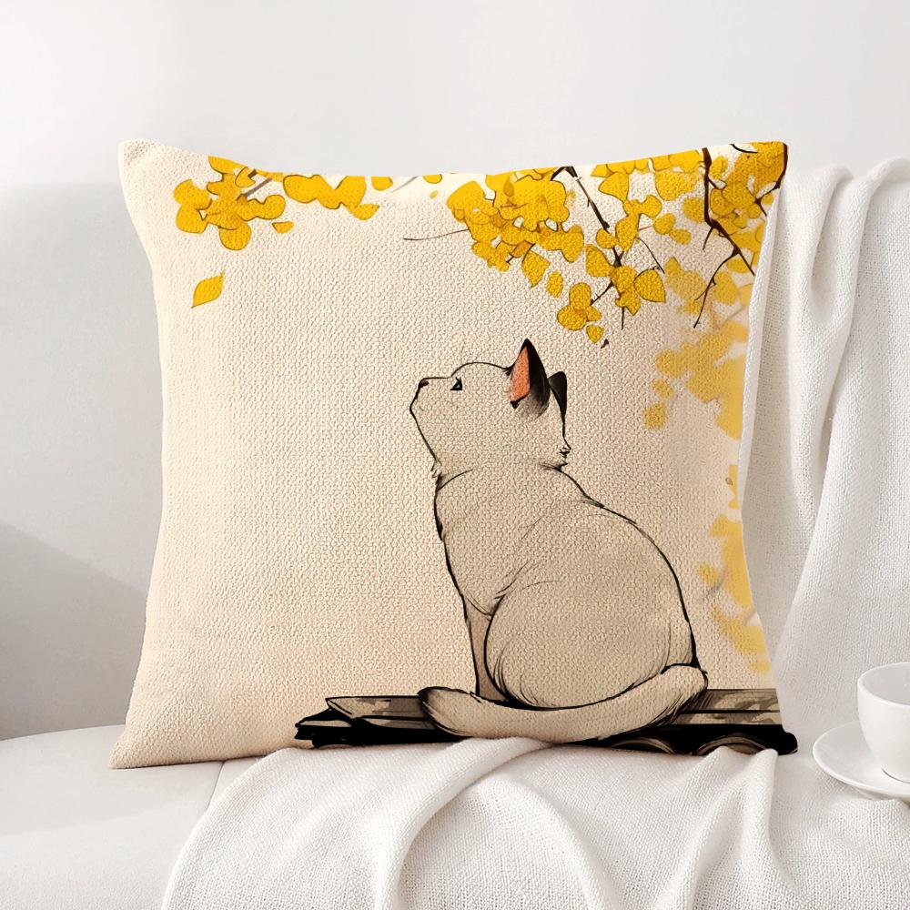 Autumn cats Cushion Cover Natural Linen Organic Fabric DoubleSided Printing Sofa Home Decor Breathable Bed Pillow