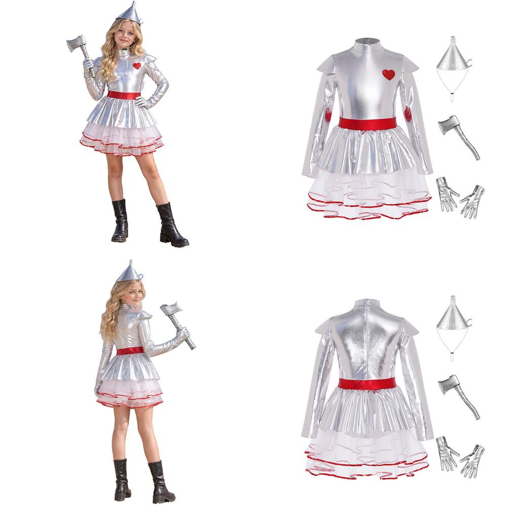 Kids Girls Halloween Tin Costume Mock Neck Long Sleeve Back Invisible Zipper Metallic Tulle Tutu Dress with Hat Axe Gloves for Role Play Theme Party