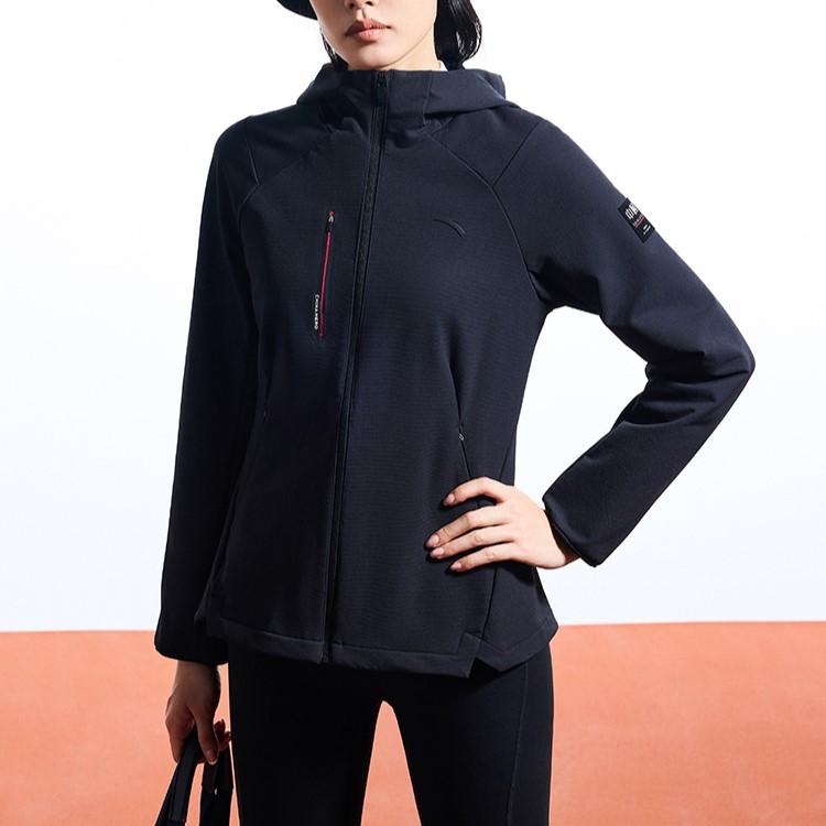 Anta Trainingsserie Einfarbige Kapuzen-Windjacke mit Reißverschluss Langarm Damen Oberbekleidung Schwarz 162437601S-3