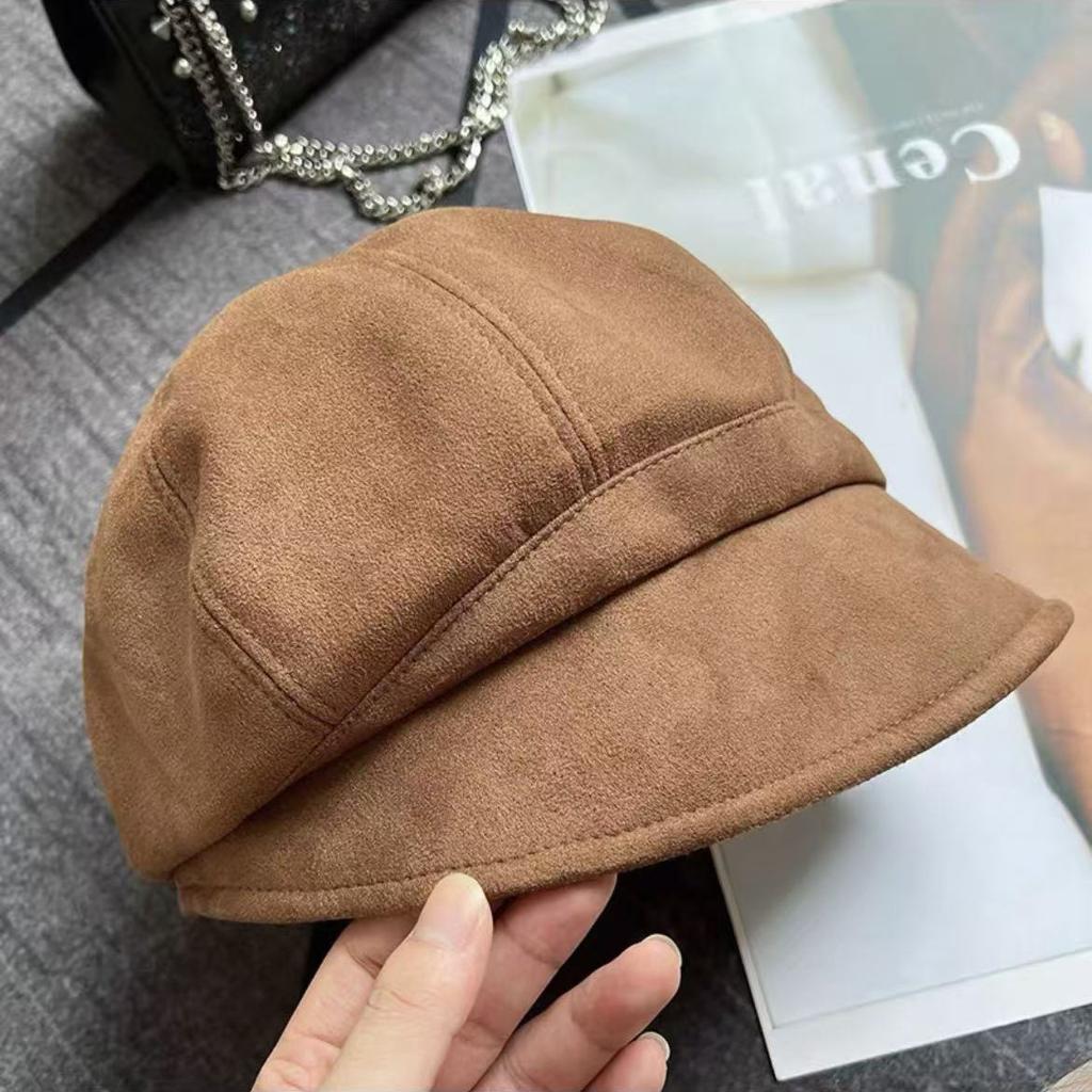 Autumn and Winter Hat Women's Suede Bucket Hat Plain Light Luxury Octagonal Beret Face Small Pile Hat Winter Women's