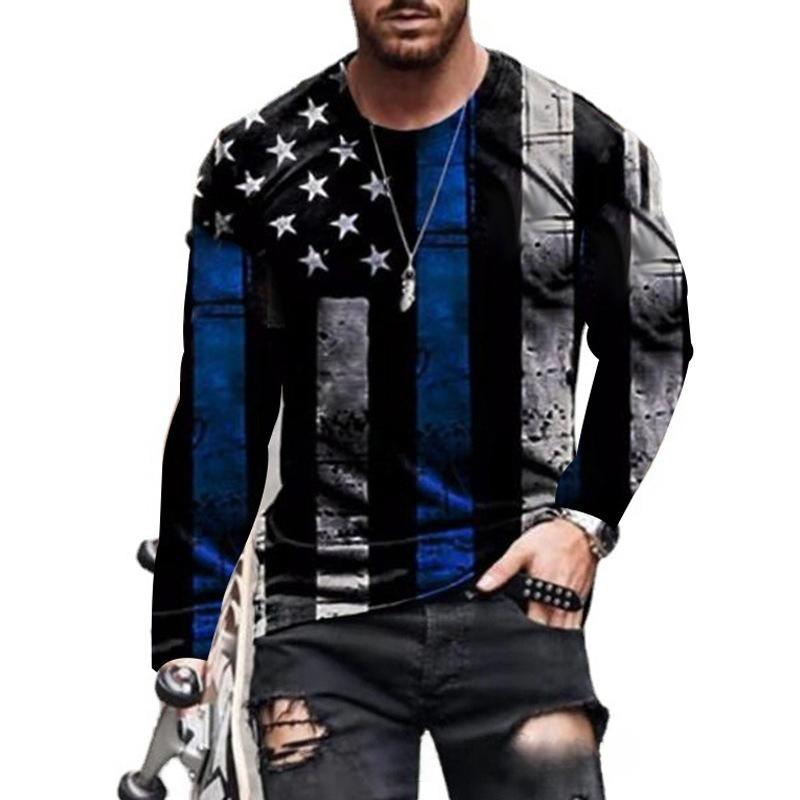 Spring and Autumn Round Neck 3D American Flag and Eagle Printed Top Fashionable Casual Long Sleeved Men's T-shirts