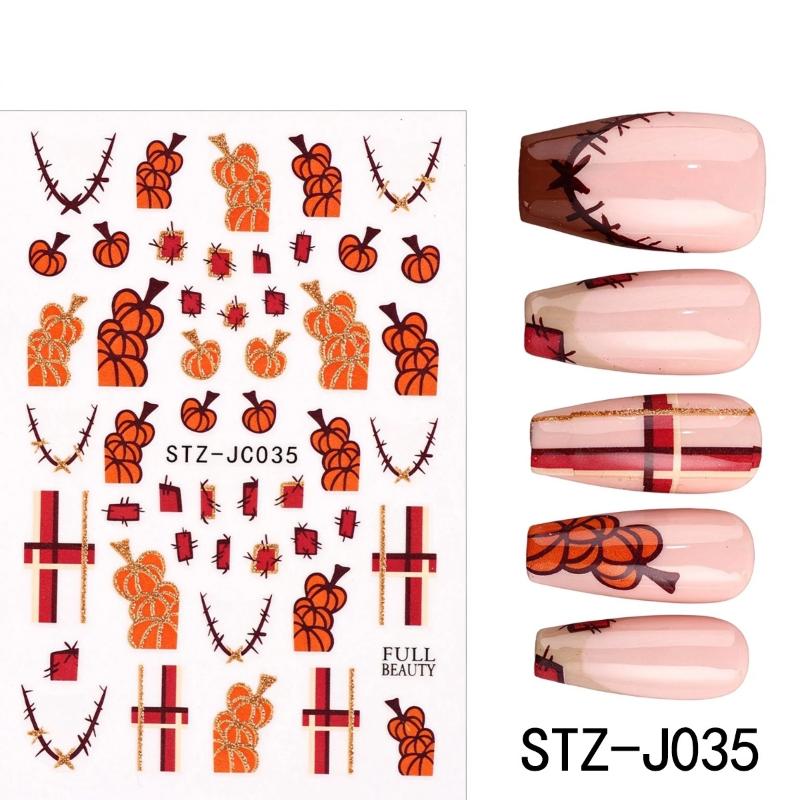 1 Blatt Herbstblatt Karomuster Linie Klebe-Slider Niedliche Kürbis-Nagelsticker Abziehbilder Herbst Erntedankfest Nageldesign Zubehör