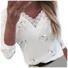 Women Hearts Print V-neck Lace Patchwork Long Sleeve T-shirt Top Blouse