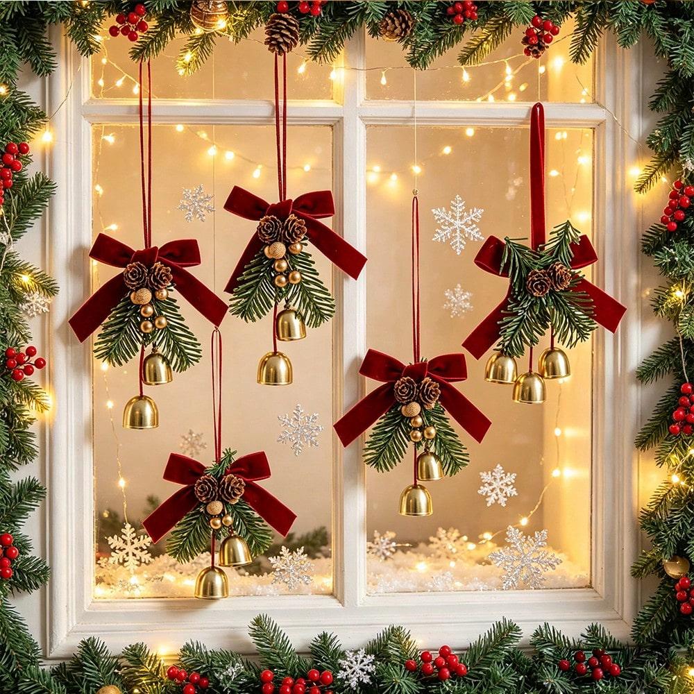 Christmas Bell Hanging Ornament Velvet Red Bow Pine Cone Pine Branch Pendant for Xmas Tree Window Door Holiday Party Decoration