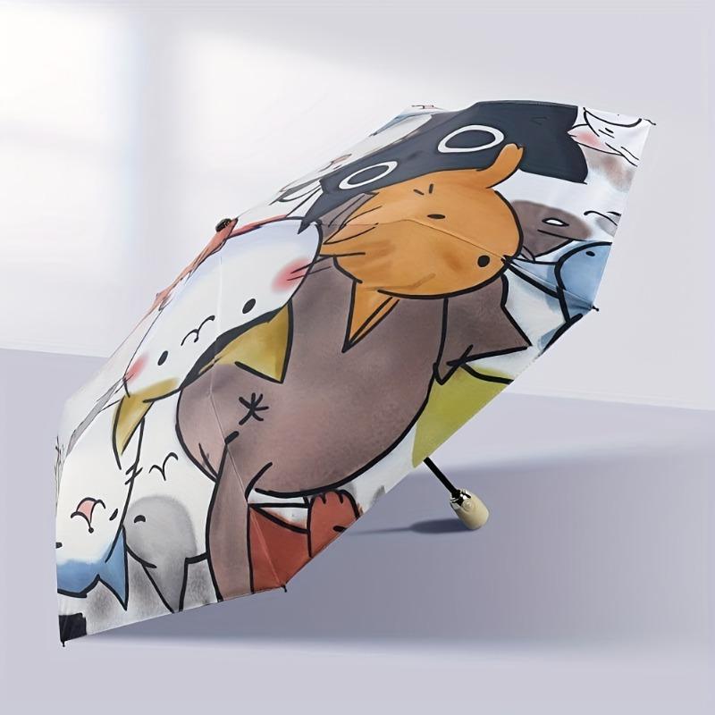 1PC foldable portable travel umbrella with comfortable silicone handle, printed with anime cat pattern, suitable for rainy and sunny days.