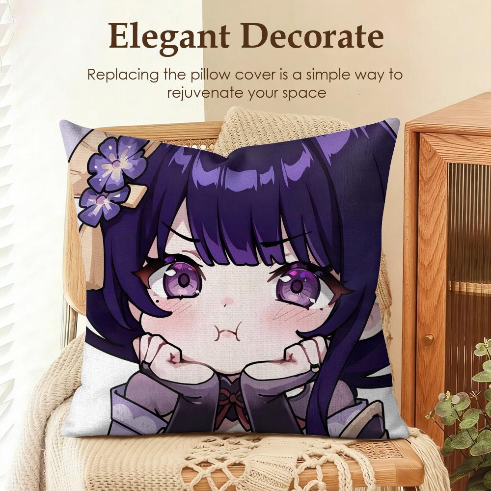 Raiden Shogun cute Genshin Cushion Cover Natural Linen Organic Fabric DoubleSided Printing Sofa Home Decor Gift Pillow Case