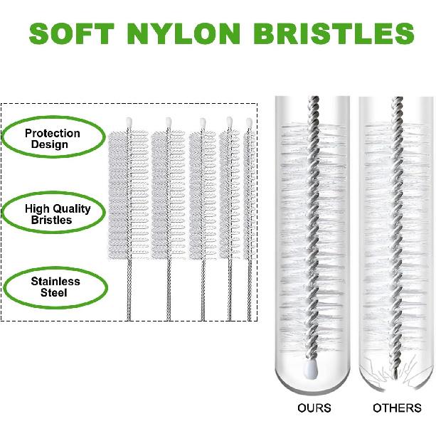 Straw Cleaner Brush Long 10 inch, 10-PCS Straw Brush of Bristles Diameter (5+8+12+16+20mm) for Cleaning Reble Straws, Sippy Cup, Water Bottles,