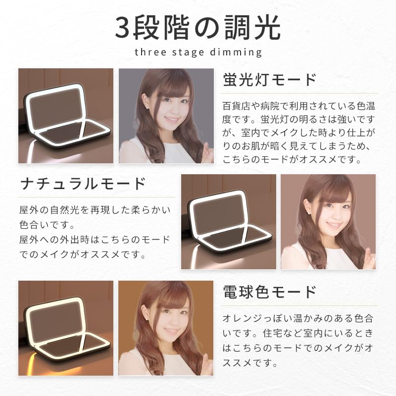 Compact Mirror with Magnifying Wide 5x Compact Light, Size, Magnification, Foldable, Makeup, 3-Color Dimming, (White)