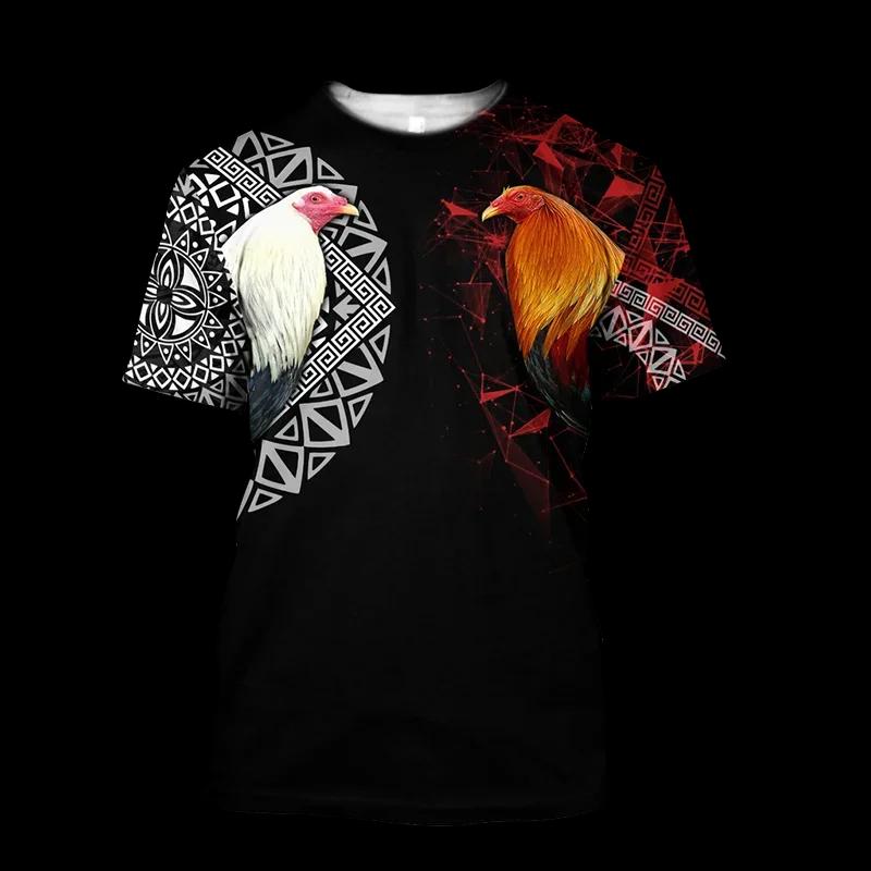 Fighting Rooster 3D Printed Round Neck T-shirt for Men, Fashionable Short Sleeved Pullover, Casual Street Harajuku Tops