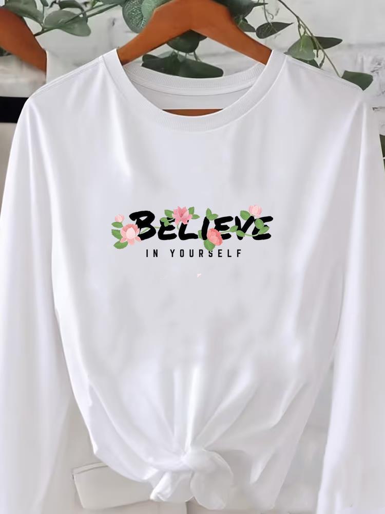 (Asian Size) flower letter cute style Printed o-neck Long Sleeve T Shirt Tee Lady Women Female Clothing Casual Fashion Top Graphic T-shirts