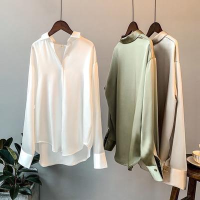 Damen Langarm Satin Bluse Hemd Frühling Vintage Stil Vielseitig Drapierung Design Sinn Oberteil