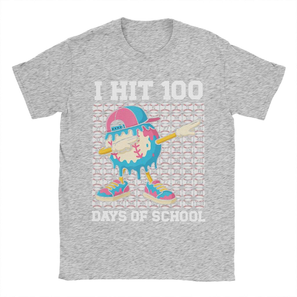 Men TShirt I Hit 100 Days of School Baseball Ice Cream Drip Cotton Tee Shirt Short Sleeve T Shirts Round Collar Tops Original