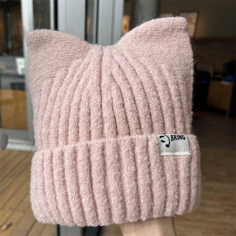 Cat Ears Wool Hat Women's Autumn and Winter Warm Cute Knitted Hat Casual Versatile Soft Girl Cold Hat