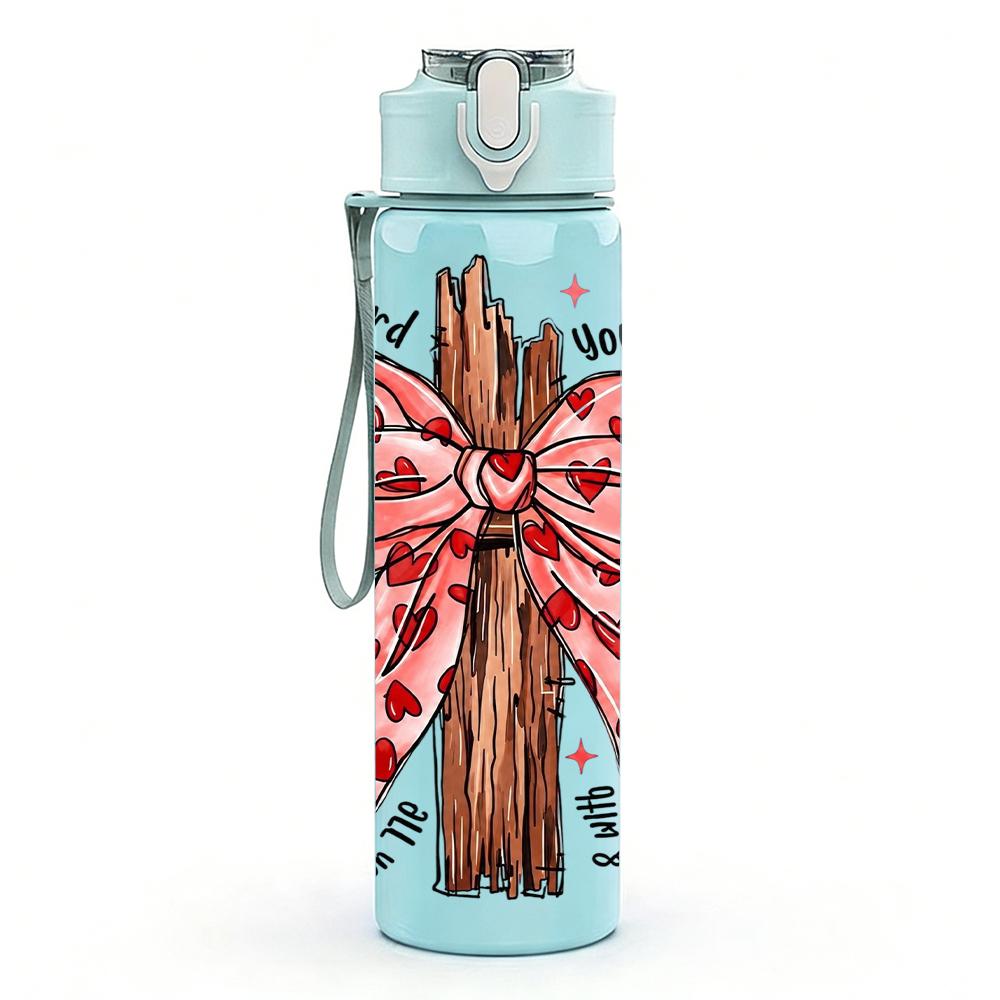 1PC Plaid Bow Wooden Cross Floral 750ml Color Plastic Sports Water Bottle Leakproof Flip Straw Lid Suitable for Sports Office Home Use