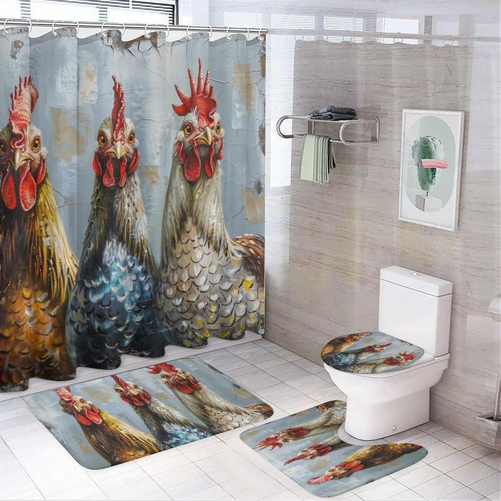 6style 4Pcs Bathroom Shower Curtain Set Chicken Farmhouse Bathroom Curtain With 12 Hooks Non Slip Rugs Toilet Cover Mat Bathroom Partition