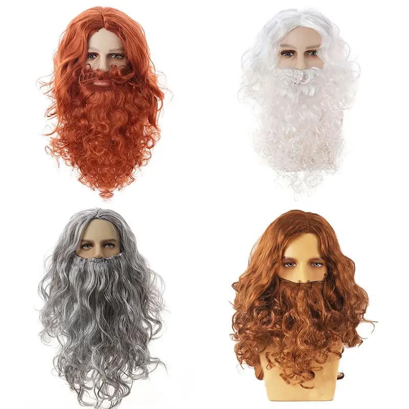 Santa Claus Wig Beard Full Set Jesus Wig European and American Long Curly Hair Christmas Wig Beard Set