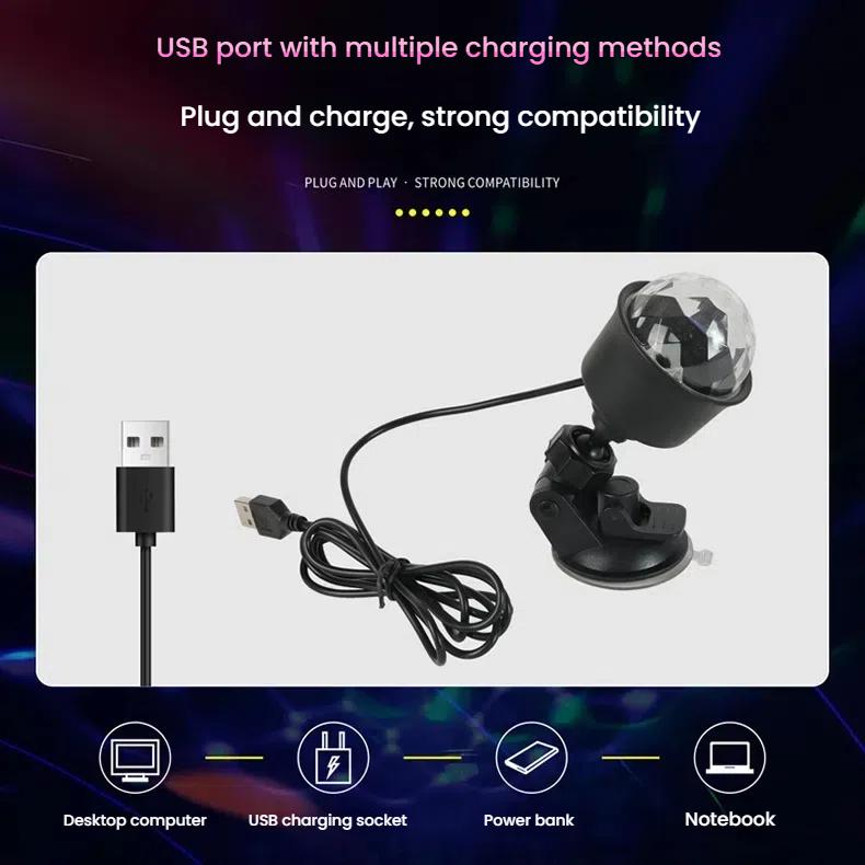 Mini USB LED Atmosférická Lampa do Auta s RGB Automatickou Rotací, Disko Noční Světlo na Pódium pro Auto, Vánoční Dekorace, KTV, Domácí Párty, Bar