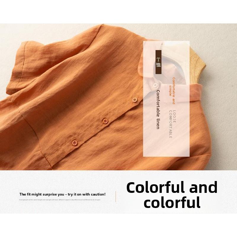 Solid Color Short-Sleeve Pullover Linen Shirt for Women, Vintage Hong Kong Style Cotton-Linen Blouse, 2026 Spring/Summer New Arrival