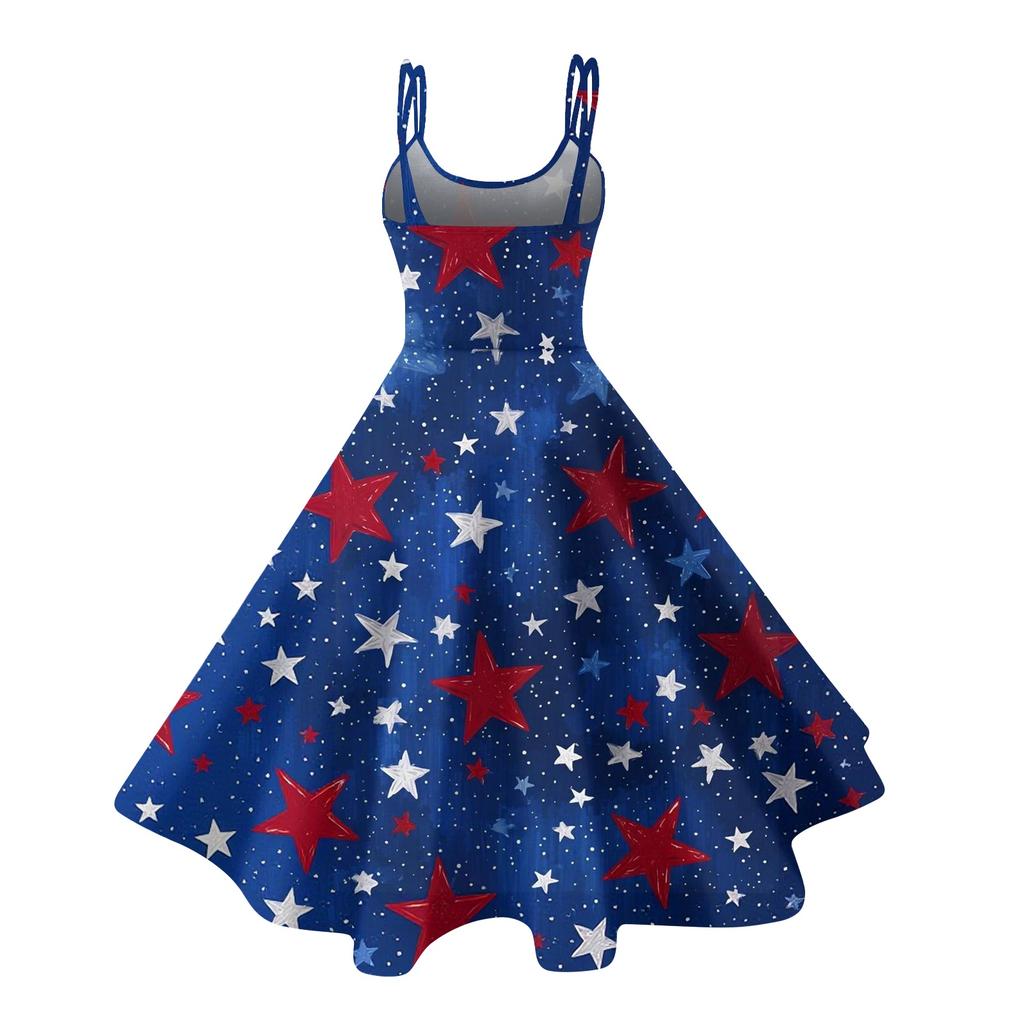 Women’s Sleeveless Vintage Floral Print Off Shoulder Dress with Flag Pattern for Summer Casual Wear