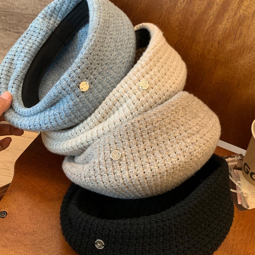 Blue Knitted Hollow Beret Women's Korean Edition Versatile Face Show Small Bud Hat Head Circumstance Painter