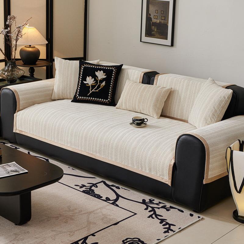 Sofa Cushion Universal In All Seasons, Non-Slip Fish Bone Pattern French Medieval Style Simple Straight Row Seat Cushion Cover Cloth, Sofa Cover Towel