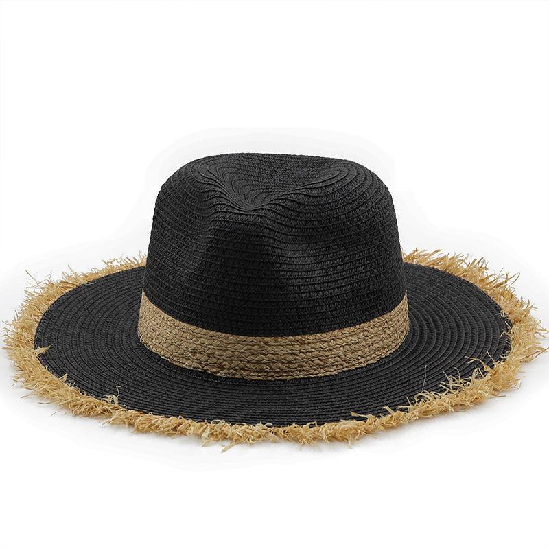 Hat Women's Summer Vintage Color Matching Straw Hat Rough Edge Sunscreen Sun Hat Women's Wide Flat-brimmed Hat Jazz Top Hat