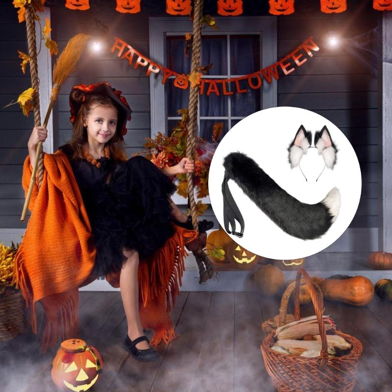 Halloween Foxes Ear Headpiece With Plush Tail Accessory Soft Furry Plush Costume Accessory For Family Parties