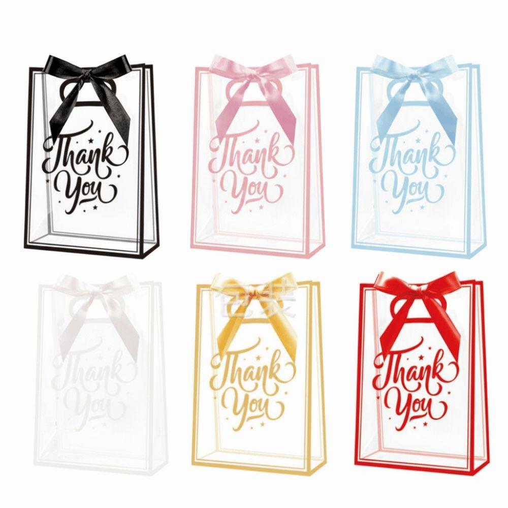 5Pcs Set Reusable Portable Favor Bag PVC Clear Gift Bag Die Cut Handles with Ribbon Flower Bag