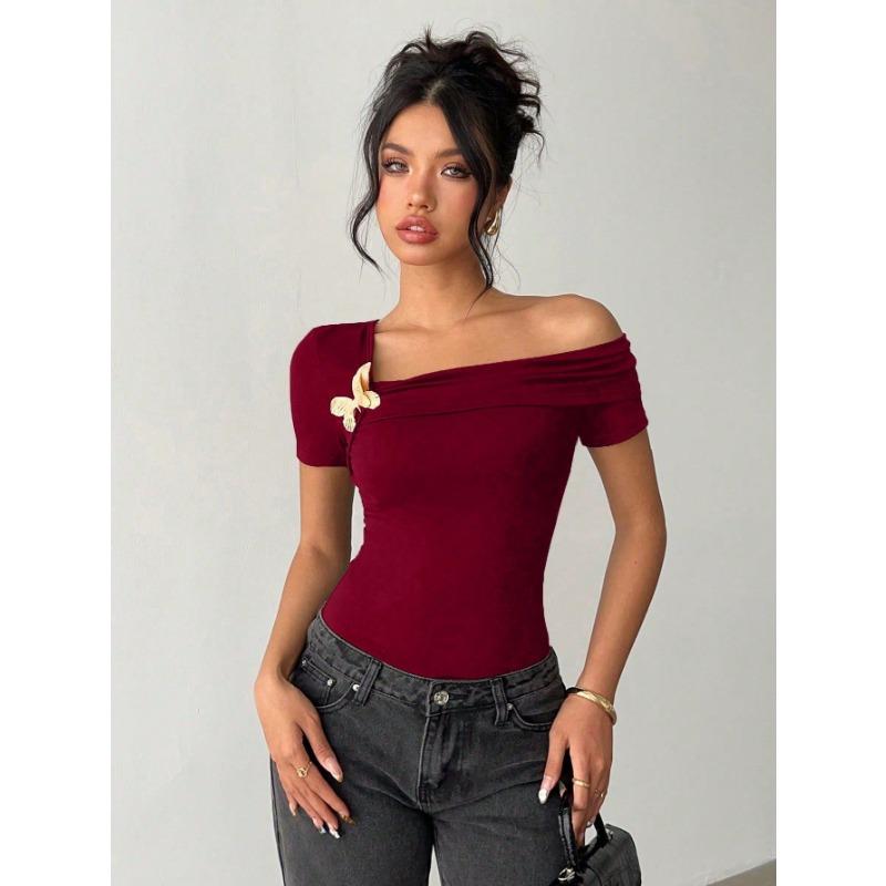 2025 Women's Elegant Simple Sloped Shoulder Top Women's T-Shirt