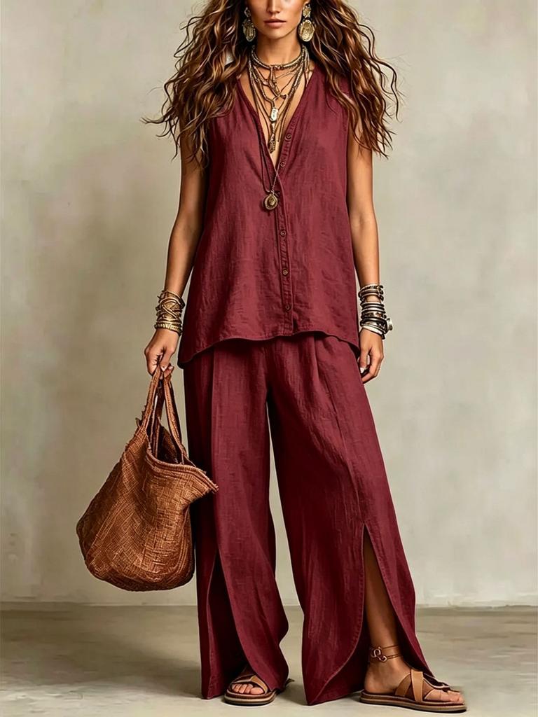 Women's Loose Fit Two Piece Pant Suit Sleeveless V Neck Linen Blend Shirt Split Wide Leg Trousers Vacation Matching Set