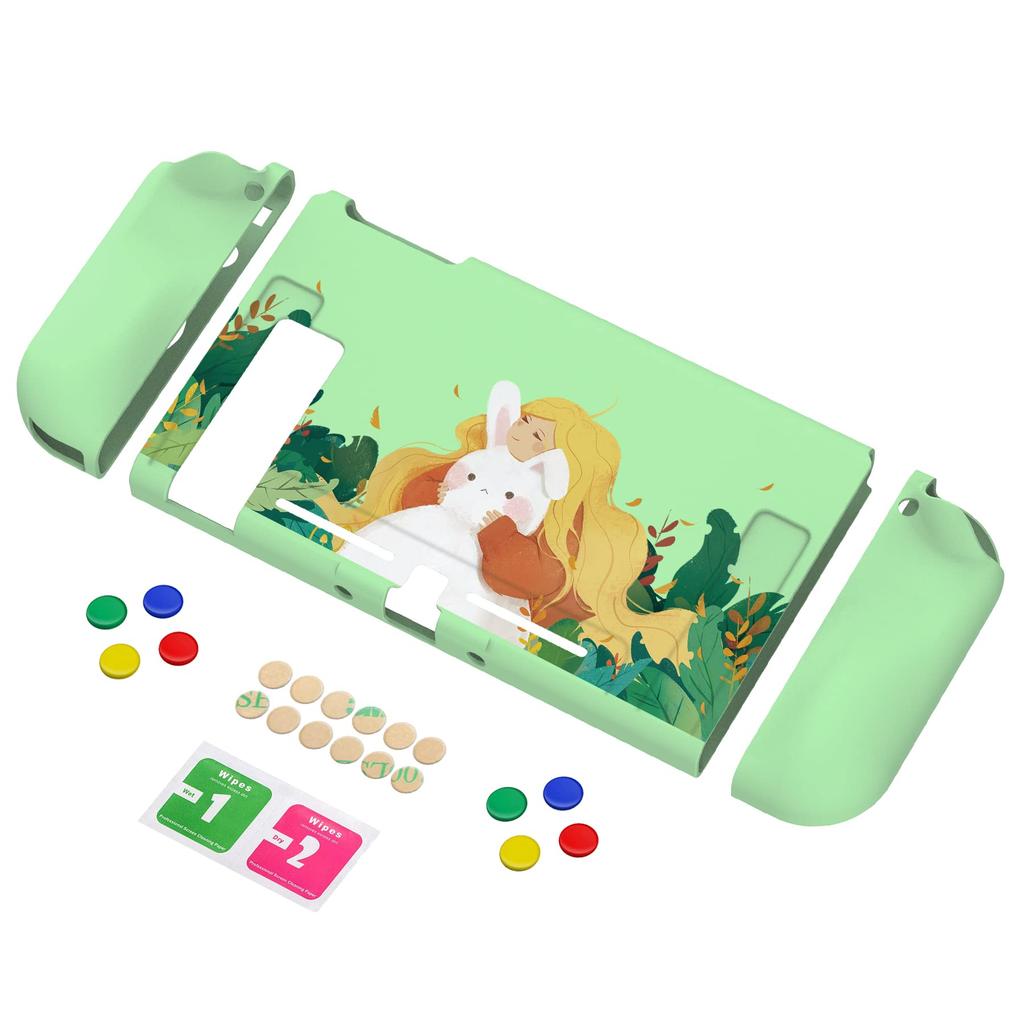 Schutzhülle für PlayVital weiche TPU schlanke Hülle Abdeckung für Switch mit farbigen ABXY-Tastenkappen Switch, [Version Hase&Mädchen]